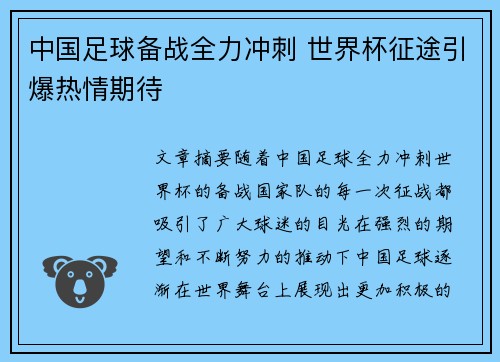 中国足球备战全力冲刺 世界杯征途引爆热情期待