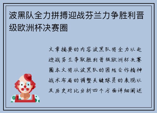 波黑队全力拼搏迎战芬兰力争胜利晋级欧洲杯决赛圈